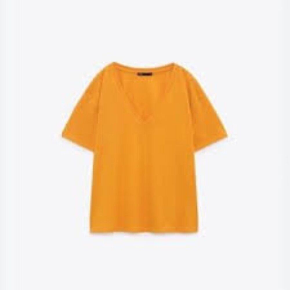 Zara Golden Yellow Short Sleeve V Neck Tee Shirt Top Size Small